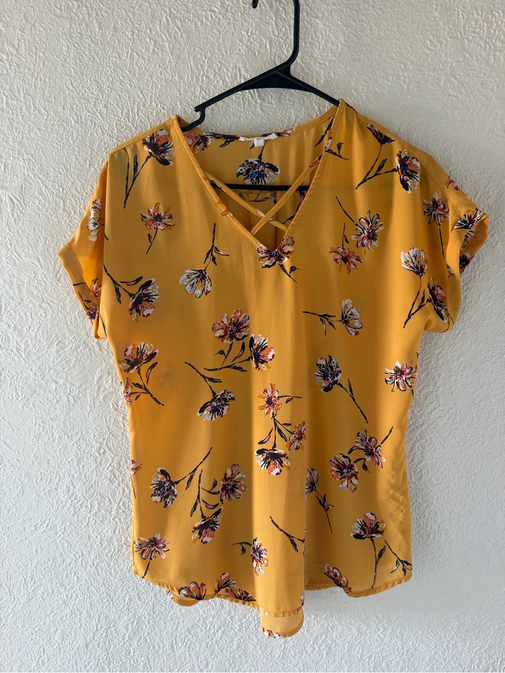 Floral V-Neck Short Sleeve Blouse - Mustard